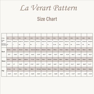 May include: Size chart for clothing with measurements in inches and centimeters. The chart shows bust, waist, and hip measurements for US sizes 2 through 30 and corresponding European sizes 32 through 60.