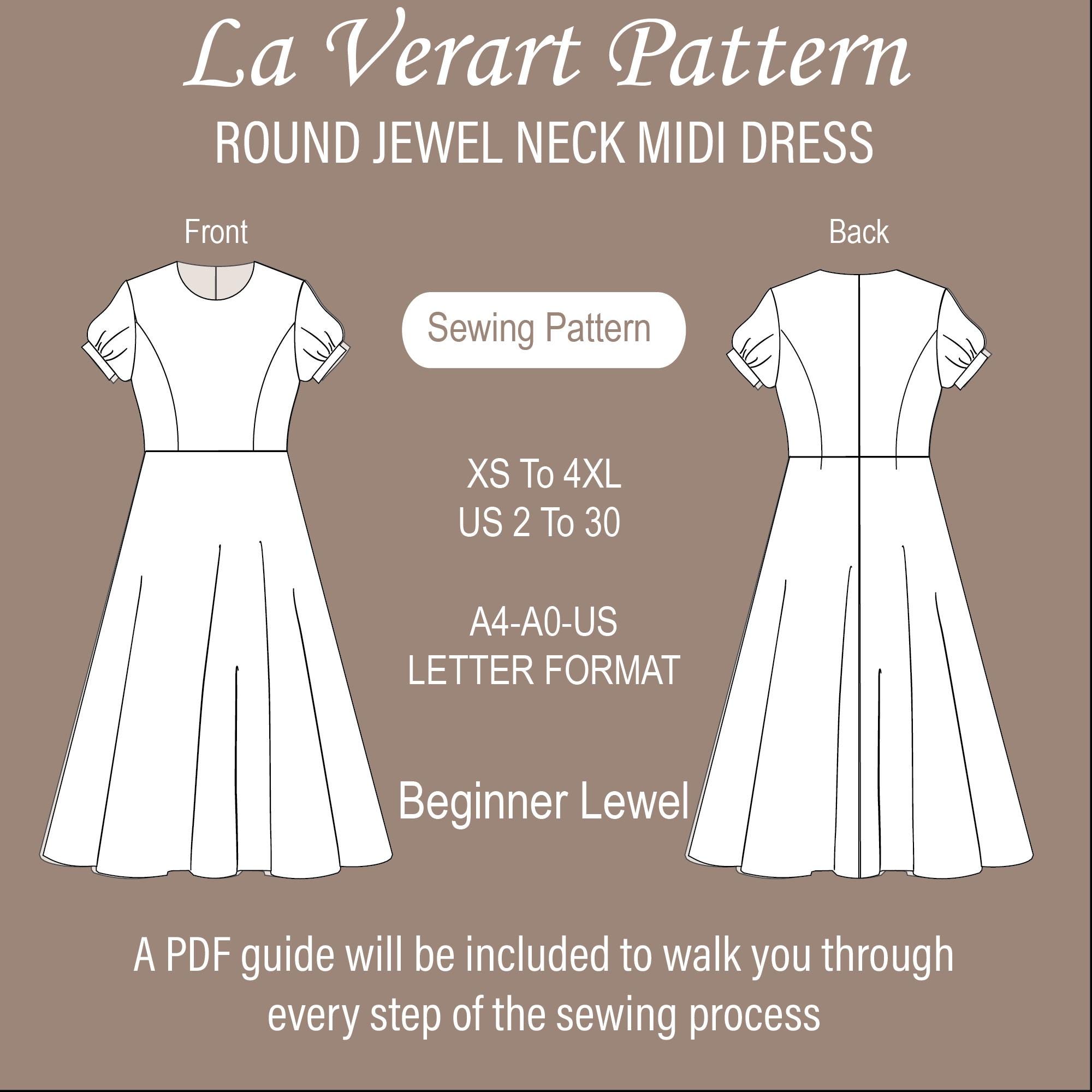 Round Neck Puff Sleeve Bridesmaid Midi Dress PDF Sewing Pattern, Size ...