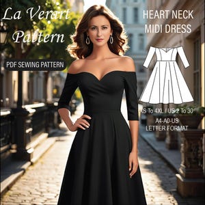 Peut inclure: Patron de couture PDF pour une robe midi à col en cœur. Le patron comprend les tailles XS à 4XL, tailles françaises 34 à 52. Le patron est disponible au format A4-A0.
