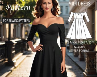 May include: A PDF sewing pattern for a heart neck midi dress. The pattern includes sizes XS to 4XL, US sizes 2 to 30. The pattern is available in A4-A0-US letter format.