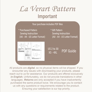 Puede incluir: Una gu&iacute;a PDF digital para patrones de costura. La imagen presenta el texto "La Verart Pattern" e "Important". Incluye instrucciones de costura en formato A0-A4-US Letter, tallas US 2 a 30 y XS-4XL. La gu&iacute;a se ofrece solo en ingl&eacute;s.