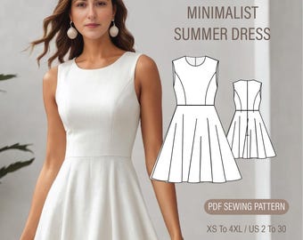 Round neck elopement dress sewing pattern, summer minimalist dress sewing pattern, full circle mini dress sewing pattern,  Size: US 2 to 30