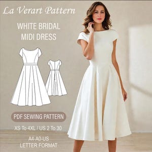 Patrón de costura de vestido midi para despedida de soltera, patrón de vestido blanco con cuello barco, patrón PDF de vestido cottagecore de círculo completo, tamaño A0, A4, carta, talla 2 a 30 de EE. UU.
