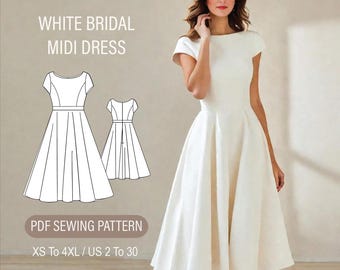 Bridal shower midi dress sewing pattern, boat neck white dress pattern, full circle cottagecore dress PDF pattern, A0 A4 Letter-US 2 to 30