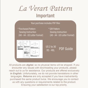 May include: A digital sewing pattern for a garment, with instructions for sizes US 2 to 30 and XS to 4XL. The pattern includes a PDF guide and is available in A0, A4, and US Letter format.