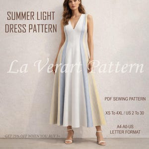 Può includere: Un abito bianco senza maniche con scollo a V e strisce verticali blu e gialle. Il testo sull'immagine dice "SUMMER LIGHT DRESS PATTERN" e "La Verart Pattern". Il modello del vestito è disponibile nelle taglie XS a 4XL.