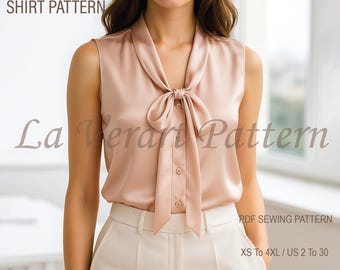 Bow Tie Neck Blouse Sewing Pattern: Sleeveless Women's Top (PDF Pattern)