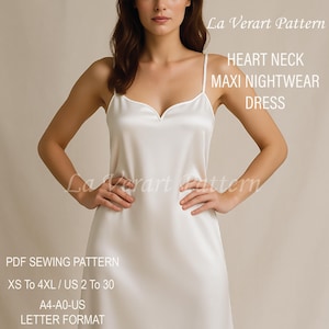 Puede incluir: Un camisón maxi de satén blanco con un escote en forma de corazón. El vestido es un patrón de costura PDF para las tallas XS a 4XL, tallas españolas 34 a 52. El patrón está en formato A4-A0-ES.