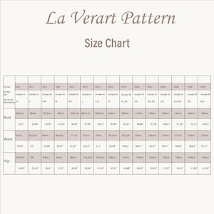 Puede incluir: Una tabla de tallas de "La Verart Pattern" con medidas de busto, cintura y cadera en cent&iacute;metros y pulgadas. La tabla incluye tallas de EE. UU. y europeas, que van desde la talla 2 a la 30 de EE. UU. y la talla 32 a la 60 europea.