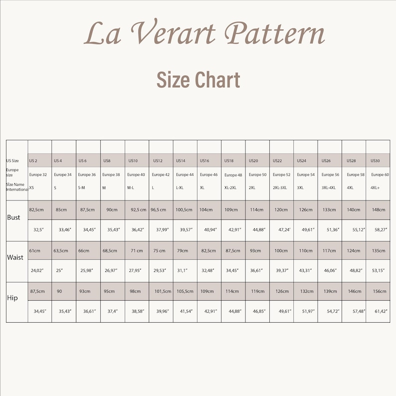 Puede incluir: Una tabla de tallas de "La Verart Pattern" con medidas de busto, cintura y cadera en cent&iacute;metros y pulgadas. La tabla incluye tallas de EE. UU. y europeas, que van desde la talla 2 a la 30 de EE. UU. y la talla 32 a la 60 europea.