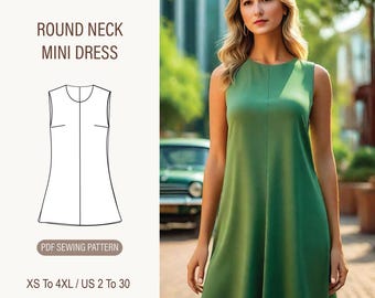 Patrón de costura para vestido de lino estilo tienda: minivestido recto con cuello redondo (tamaño A0, A4, carta estadounidense)
