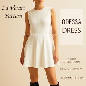 May include: A white sleeveless dress with a flared skirt. The image is labelled "ODESSA DRESS" and is a PDF sewing pattern. The image also includes the text "La Verart Pattern" and size information.