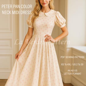 Puede incluir: Vestido midi color crema con cuello Peter Pan y estampado floral rosa. El vestido tiene mangas cortas abullonadas y una falda amplia. El texto de la imagen dice "PETER PAN COLOR NECK MIDI DRESS". Es un patrón de costura PDF.