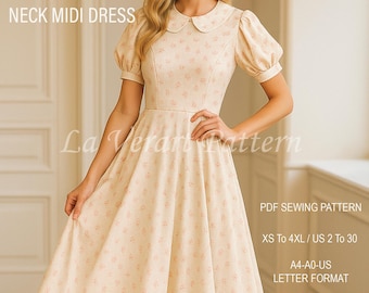 Modello per abito midi con colletto alla Peter Pan, modello per abito con maniche a sbuffo, modello per abito vintage Cottagecore, taglie: XS-4XL / formato A0-A4-LETTER