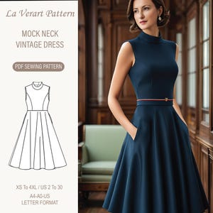 May include: A PDF sewing pattern for a mock neck vintage dress. The pattern includes sizes XS to 4XL, UK sizes 2 to 30. The pattern is available in A4 and A0 letter format.