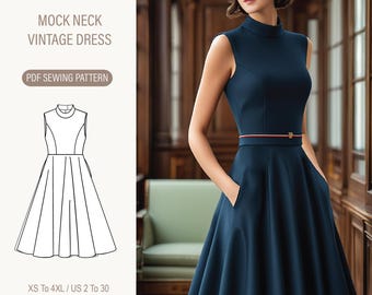 Mock Neck Vintage Dress Sewing Pattern, Minimalist Cocktail Dress Pattern, Size: A0 A4 US Letter-US 2 to 30