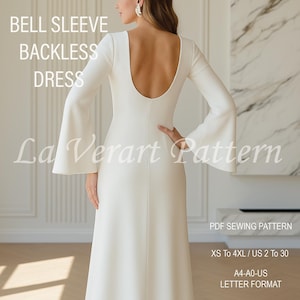 May include: A white bell sleeve backless dress. The dress has a scoop back and long sleeves that flare at the wrist. The text "BELL SLEEVE BACKLESS DRESS" and "La Verart Pattern" are visible. The dress is a PDF sewing pattern, sizes XS to 4XL / US 2 to 30.