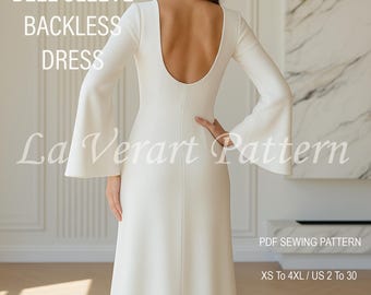 Bell Sleeve Backless Maxi Dress Sewing Pattern, Simple Bridal Gown Dress, US 2 - 30