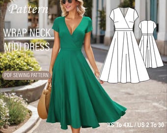 Wrap neck midi circle dress sewing pattern, short sleeve boho dress pattern, linen vintage dress, A0 A4 US Letter-US 2 to 30