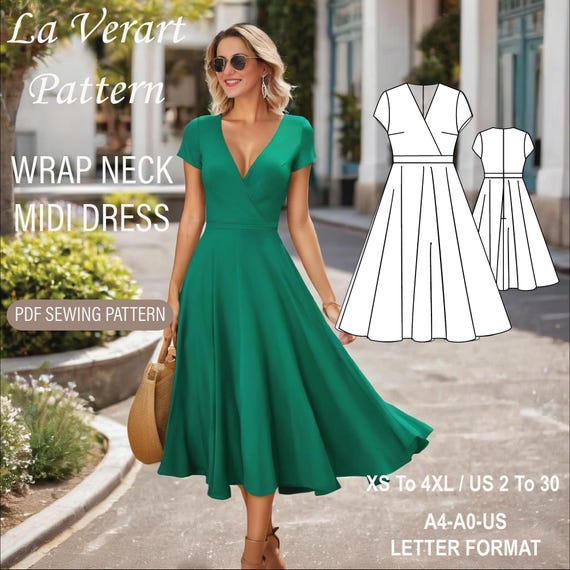 Wrap neck midi circle dress sewing pattern, short sleeve boho dress pattern, linen vintage dress, A0 A4 US Letter-US 2 to 30
