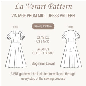 May include: A black and white line drawing of a vintage prom midi dress sewing pattern. The pattern includes instructions for sizes XS to 4XL, US sizes 2 to 30. The pattern is in A4-A0-US letter format and is suitable for beginners.