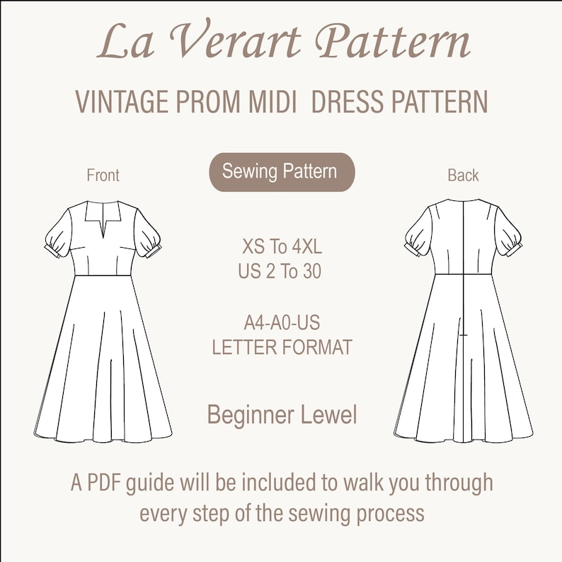 May include: A black and white line drawing of a vintage prom midi dress sewing pattern. The pattern includes instructions for sizes XS to 4XL, US sizes 2 to 30. The pattern is in A4-A0-US letter format and is suitable for beginners.