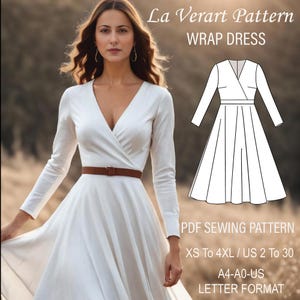 Puede incluir: Un patrón de costura para vestido de envoltura blanco en formato PDF. El patrón está disponible en tallas XS a 4XL, tallas españolas 34 a 52. El patrón está en formato A4-A0-ES.