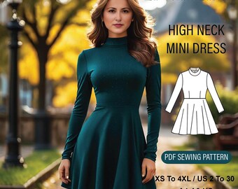 May include: A PDF sewing pattern for a high neck mini dress. The pattern is available in sizes XS to 4XL and US sizes 2 to 30. The pattern is in A4-A0-US letter format.