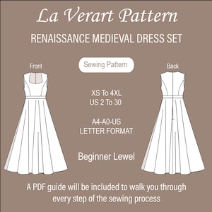 May include: A sewing pattern for a Renaissance medieval dress. The pattern includes instructions for sizes XS to 4XL, US sizes 2 to 30. The pattern is in A4-A0-US letter format and is suitable for beginners.