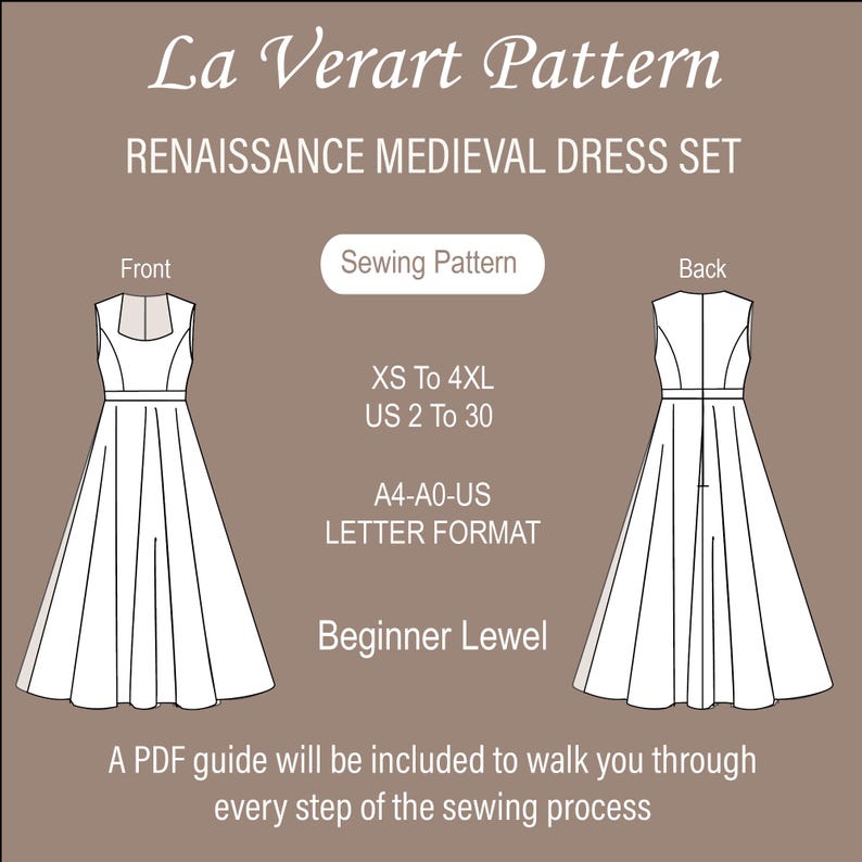 May include: A sewing pattern for a Renaissance medieval dress. The pattern includes instructions for sizes XS to 4XL, US sizes 2 to 30. The pattern is in A4-A0-US letter format and is suitable for beginners.