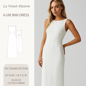 Patrón de costura de vestido largo de satén, elegante vestido de seda, vestido de noche sin mangas con cuello barco, tamaño: A0 A4 Carta de EE. UU. - EE. UU. 2 a 30
