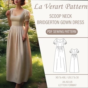 May include: A digital sewing pattern for a scoop neck Bridgerton gown dress. The pattern includes instructions for sizes XS to 4XL, US sizes 2 to 30. The pattern is available in A4 and A0 letter format.