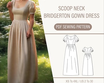 Regency Scoop Neck Puff Sleeve Maxi Dress Sewing Pattern, US 2 to 30