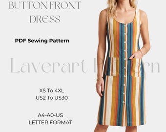 Sleeveless Button Front Dress Sewing Pattern PDF, Open Back Linen Shift Dress Pattern, Summer Dress, Patch Pocket Dress, Women XS-4XL