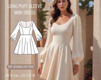 Scoop neck mini dress sewing pattern, puff long sleeve dress sewing pattern, linen linen wedding dress sewing PDF pattern, size:US 2 to 30