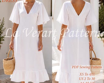 Bianca Dress PDF Sewing Pattern, V Neck Ruffle Summer Dress for Women (US 2-30)