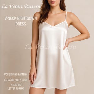 Può includere: Un cartamodello PDF per un abito da notte con scollo a V. Il cartamodello è disponibile nelle taglie XS a 4XL, taglie italiane 38 a 54. Il cartamodello è in formato A4-A0-IT.