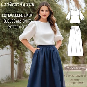 Pode incluir: Um padrão de costura PDF para uma blusa e uma saia de linho estilo cottagecore. O padrão inclui tamanhos XS a 4XL, tamanhos portugueses 34 a 52, e está disponível em formato A4, A0 e carta.