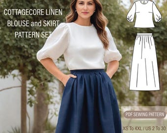 Cottagecore Linen Set Pattern, Gathered Midi Skirt Sewing Pattern, Bishop Puff Sleeve Crop Blouse Sewing Pattern for Women, Size: US 2 to 30