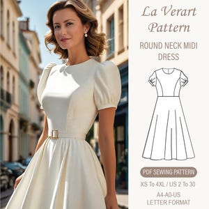 Patrón de costura en PDF para vestido midi de dama de honor con cuello redondo y mangas abullonadas, tamaño: A0, A4, carta de EE. UU., talla 2 a 30 de EE. UU.
