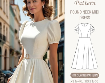 Rundhals Puffärmel Brautjungfer Midi Kleid PDF Schnittmuster, Größe: A0 A4 US Letter-US 2 bis 30