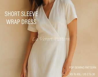 Patrón de vestido cruzado de lino, patrón de vestido midi en forma de A, patrón de vestido bohemio, patrón de vestido de verano, formato A4, A0, CARTA - Tallas: XS-4XL