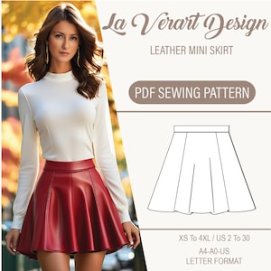 Könnte beinhalten: Eine Frau trägt ein weißes Langarm-Oberteil und einen roten Leder-Minirock. Das Bild zeigt auch eine Strichzeichnung des Rocks und den Text "La Verart Design LEATHER MINI SKIRT PDF SEWING PATTERN".
