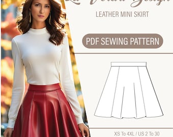 Flared Leather Mini Skirt PDF Pattern, Digital Pattern, Size: A0 A4 US Letter-US 2 to 30