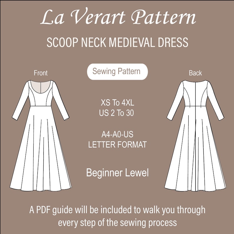 May include: A sewing pattern for a scoop neck medieval dress. The pattern includes instructions for sizes XS to 4XL, US sizes 2 to 30. The pattern is available in A4, A0, and US letter format. The pattern is for a beginner level sewer.