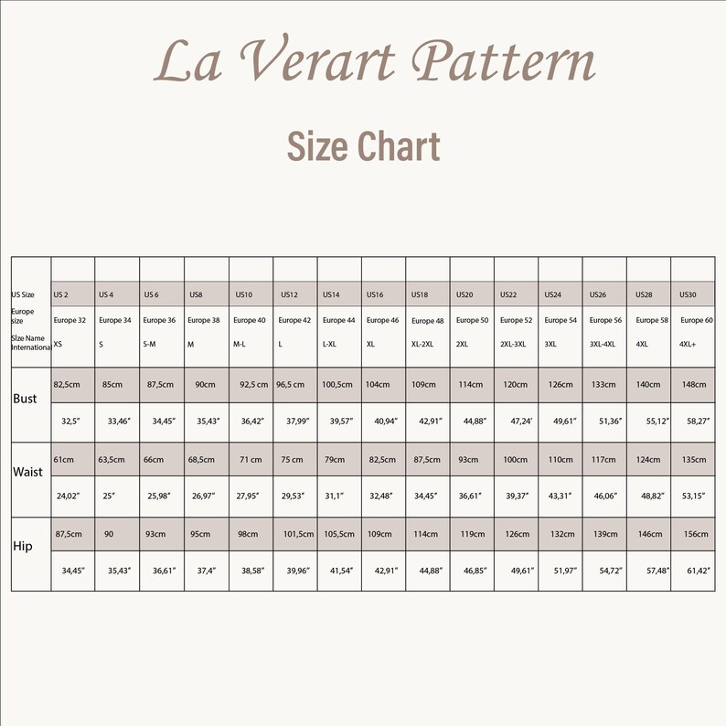 May include: Size chart for clothing with measurements in inches and centimeters. The chart shows bust, waist, and hip measurements for US sizes 2 through 30 and corresponding European sizes 32 through 60.