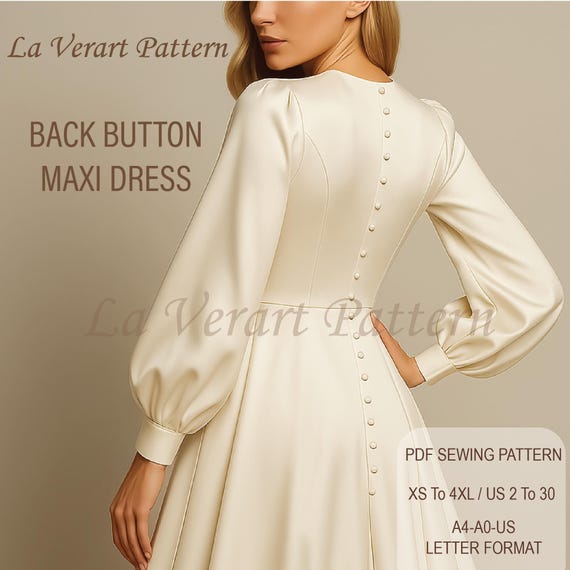 back button dress for ladies Maxi Wedding Sewing Pattern, Long Puff Sleeve Dress Pattern, Sweetheart Neck Dress, Size: US 2 to 30, A0 A4 US Letter Short sleeve