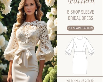 Puff sleeve midi dress sewing pattern, round neck simple wedding dress pattern, long sleeve reception dress PDF pattern, size: US 2 to 30