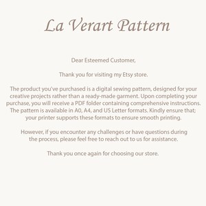 May include: A digital sewing pattern for creative projects. The pattern is available in A0, A4, and US Letter formats. The text reads: "Dear Esteemed Customer, Thank you for visiting my Etsy store. The product you've purchased is a digital sewing pattern, designed for your creative projects rather than a ready-made garment. Upon completing your purchase, you will receive a PDF folder containing comprehensive instructions. The pattern is available in A0, A4, and US Letter formats. Kindly ensure that; your printer supports these formats to ensure smooth printing. However, if you encounter any challenges or have questions during the process, please feel free to reach out to us for assistance. Thank you once again for choosing our store."