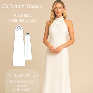 Puede incluir: Un patrón de costura para un vestido maxi de cuello halter blanco. El patrón está disponible en tallas XS a 4XL, tallas españolas 34 a 52. El patrón está en formato A4-A0-ES.